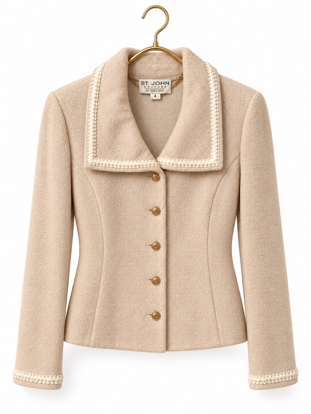 St. John Cream-Tone Knit Blazer with Pearl Trim